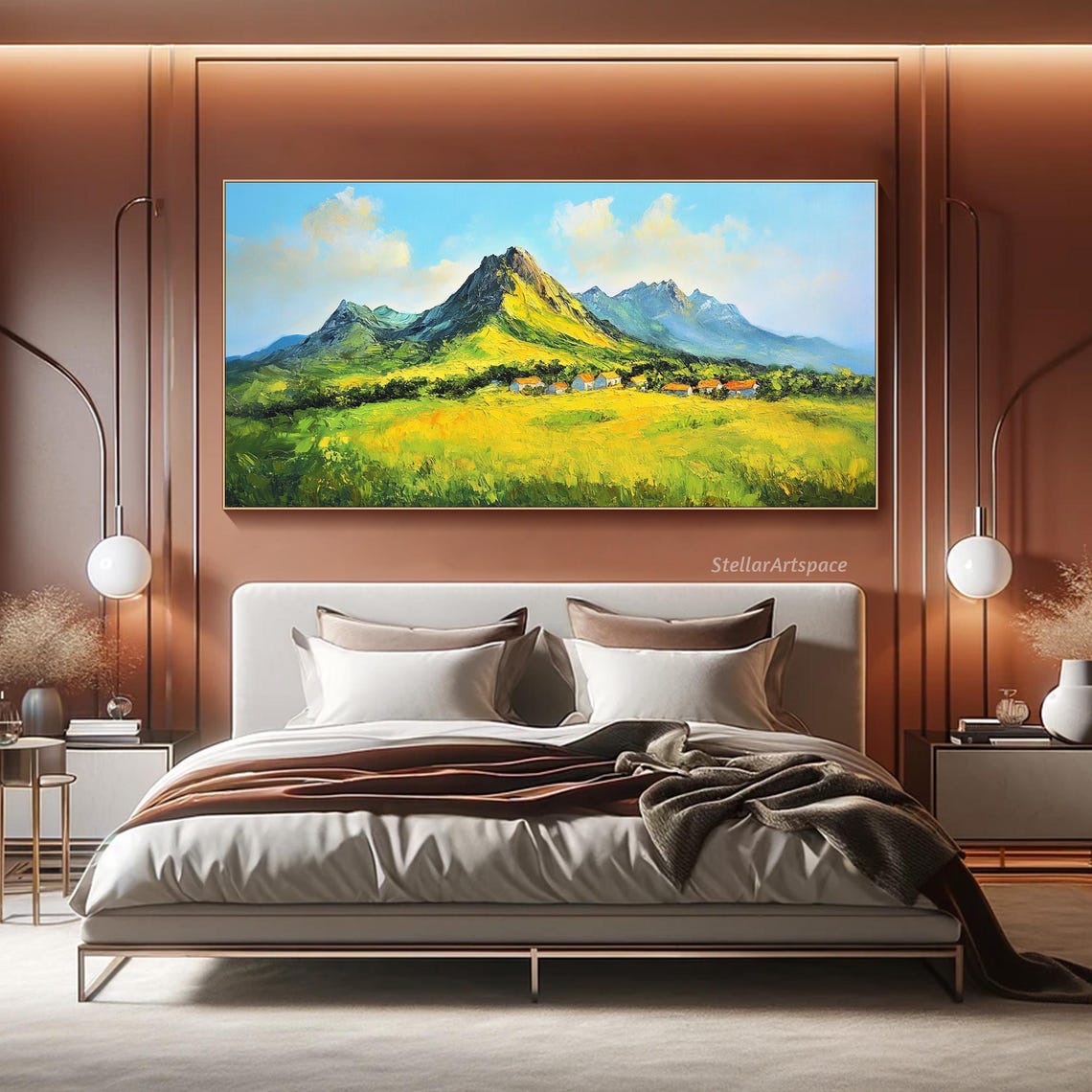 Original Mountain Painting On 3d Green Fields Textured Wall Art Peaceful Valley Painting Modern Rustic Decor Large Living Room Art - Image 2