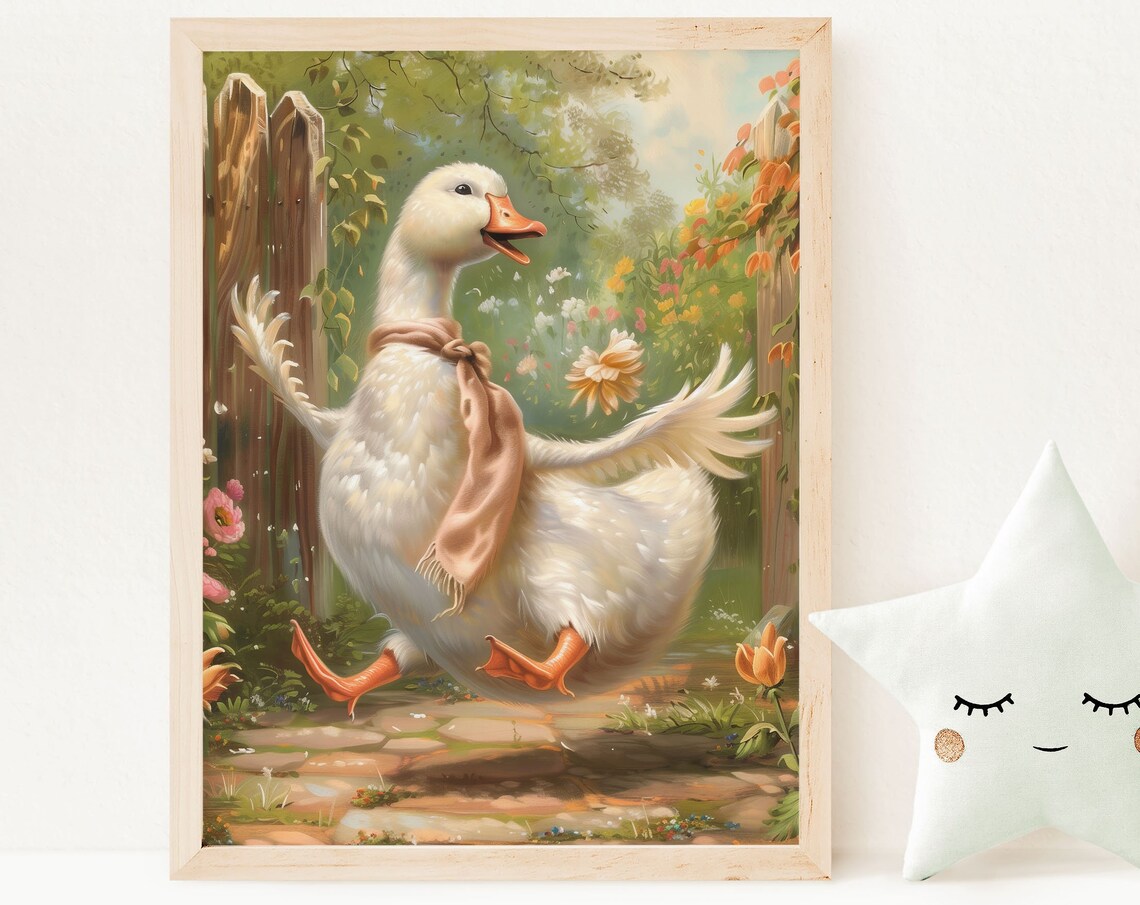 Silly Goose In Dahlias Wall Art Cute Goose Wearing A Scarfe Fairytale Print Whimsical Farmhouse Nursery Decor Vintage Kids Room Poster