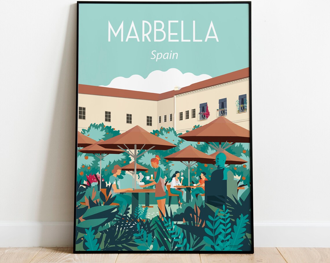 Marbella Spain Orange Tree Plaza Cafe Umbrellas Vintage Travel Poster