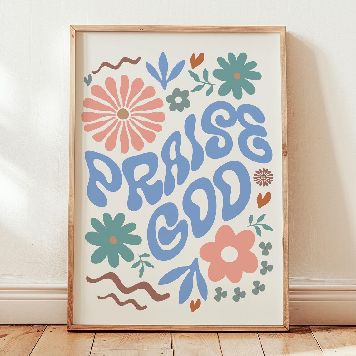 Cheerful Praise God Retro Groovy Floral Christian Typography Poster