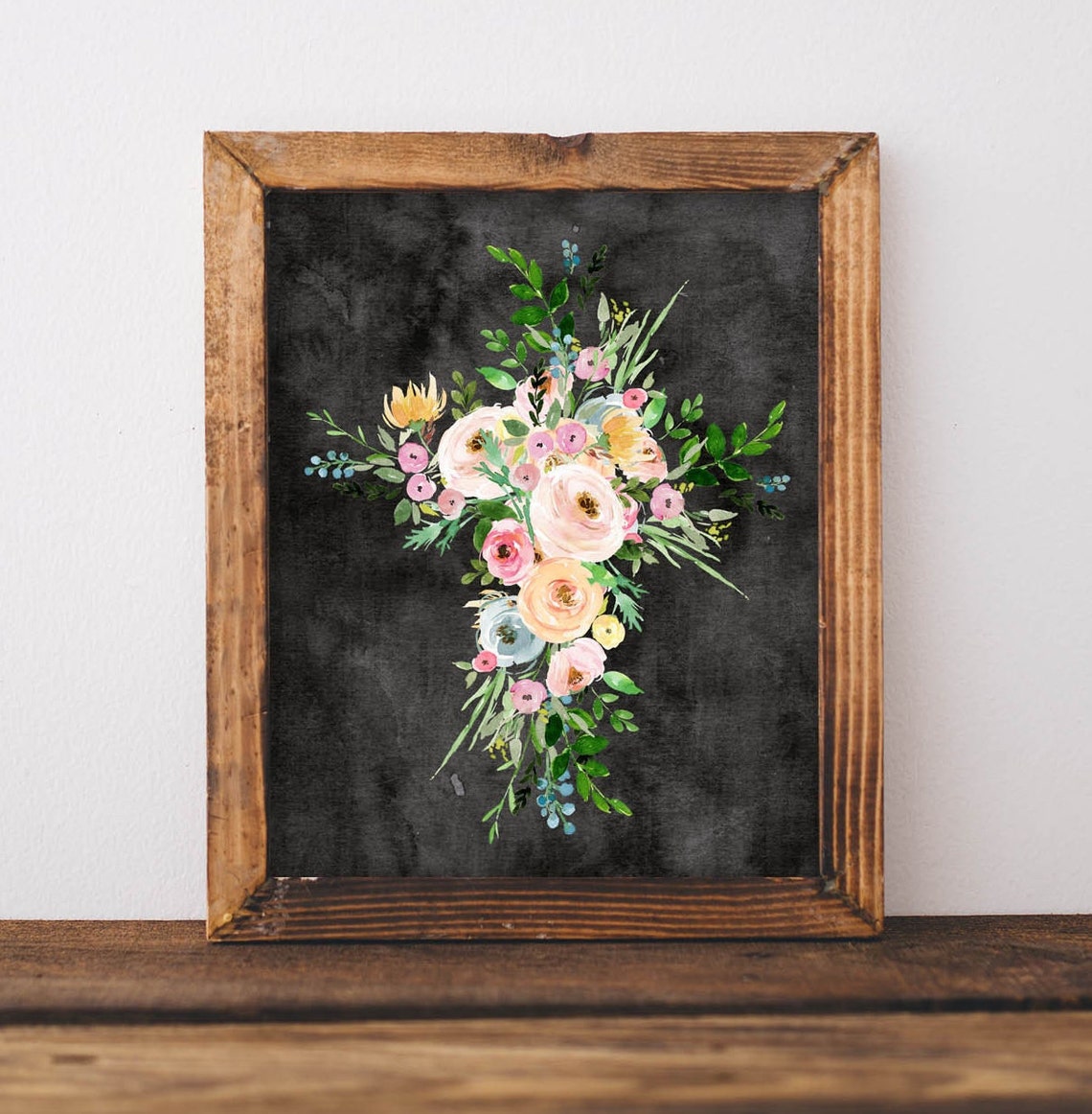 Boho Floral Cross Chalkboard Christian Watercolor Easter Wall Art