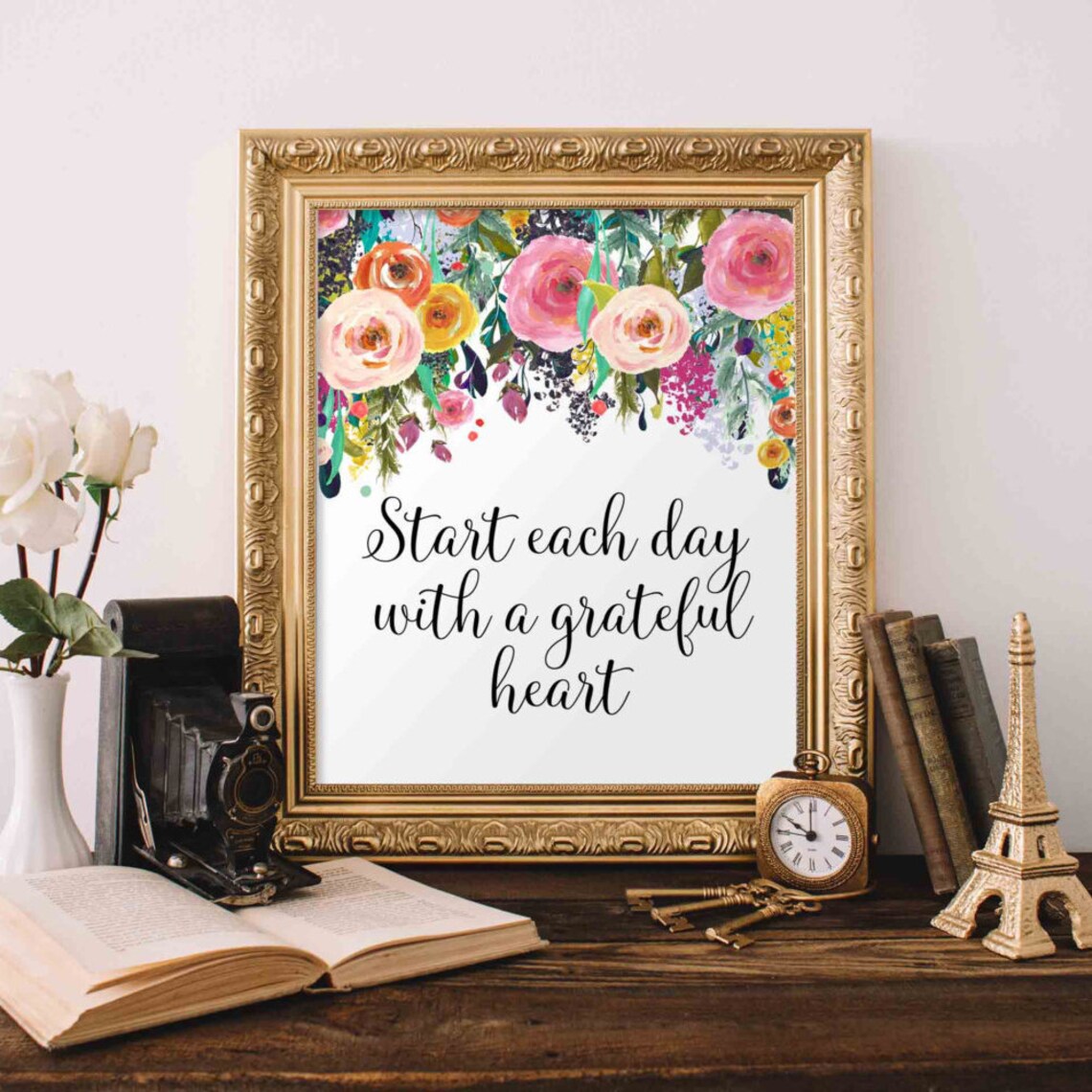 Grateful Heart Quote, Inspiring Floral Art Print