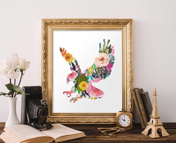 Floral Eagle Watercolor Silhouette Nursery Bird Decor Art Poster