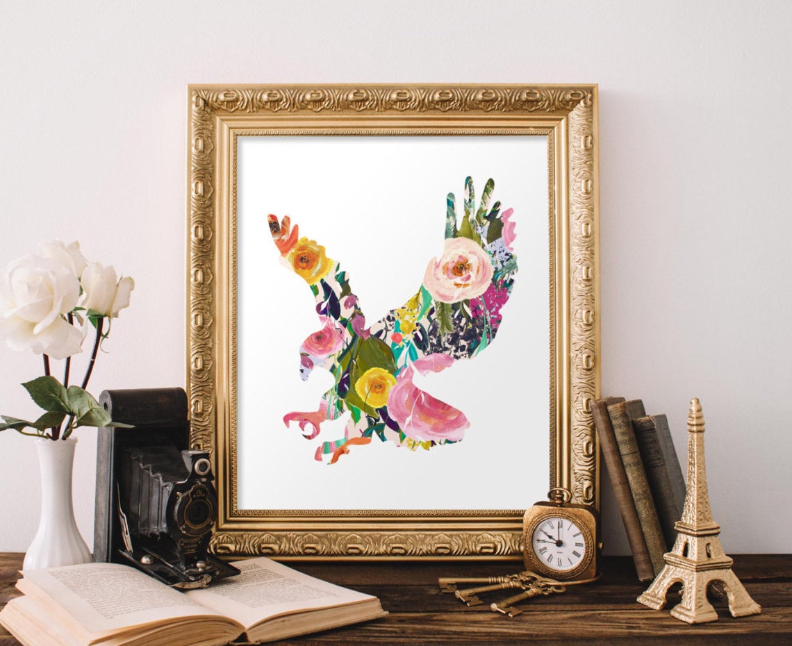 Floral Eagle Watercolor Silhouette Nursery Bird Decor Art Poster