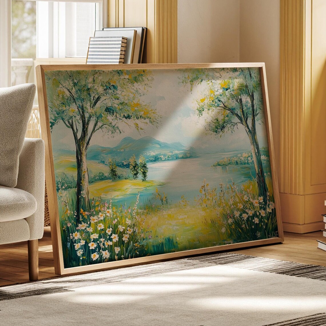 Bright Lakeside View With Wildflowers And Trees Cheerful Nature Poster - Image 5