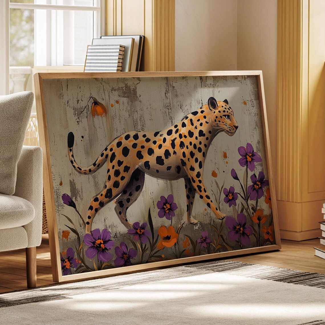 Elegant Leopard Purple Orange Flowers Distressed Background Wildlife Poster