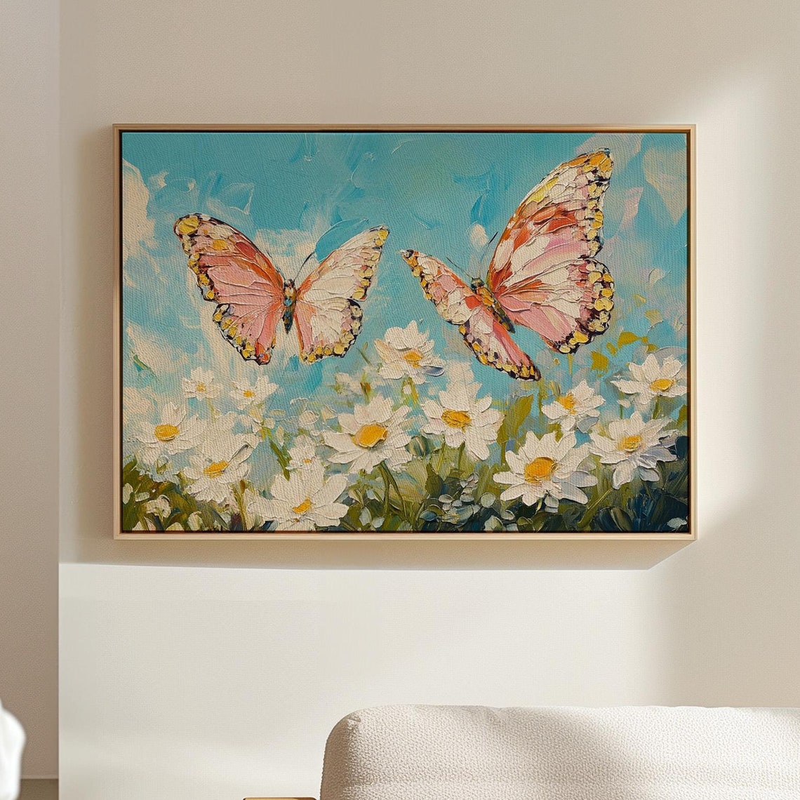 Vibrant Butterflies Fluttering Above Daisies In A Textured Painting Style Against A Bright Blue Sky