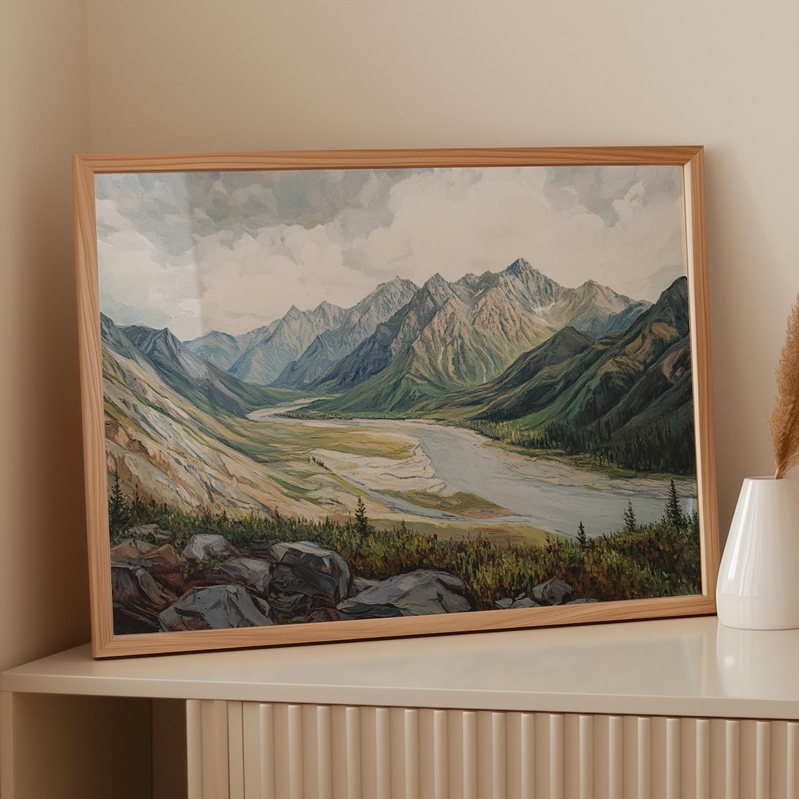 Majestic Mountain Valley Landscape, Serene River