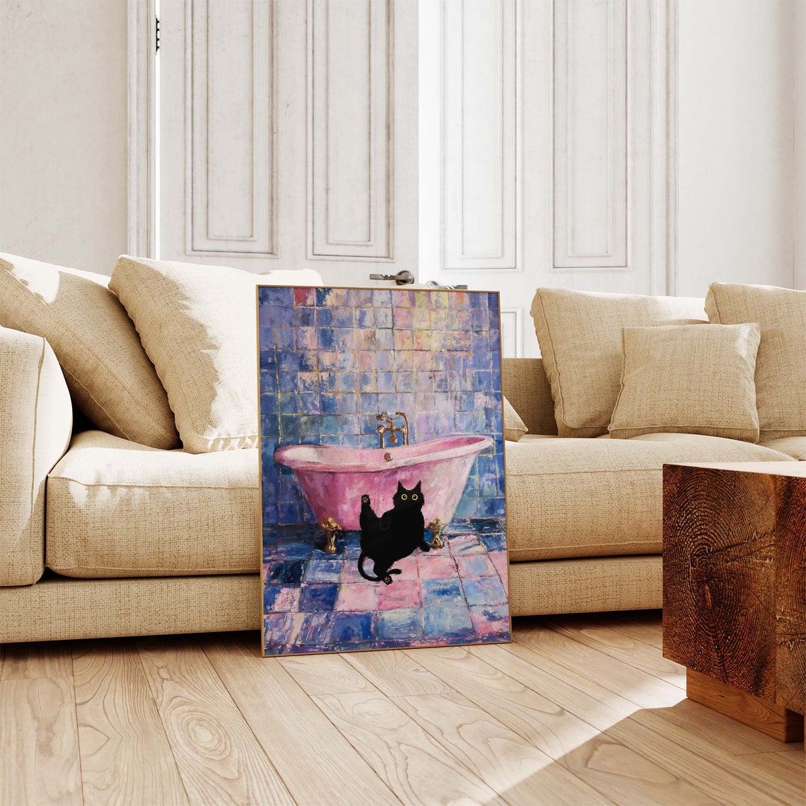 Black Cat With Pink Clawfoot Bathtub Painterly Bathroom Poster - Image 3