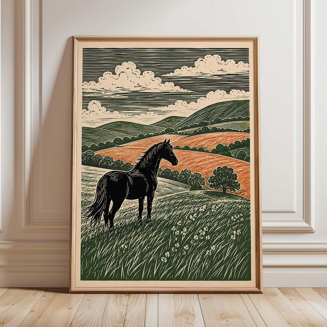 Black Horse Vintage Linocut Rustic Countryside Art Print