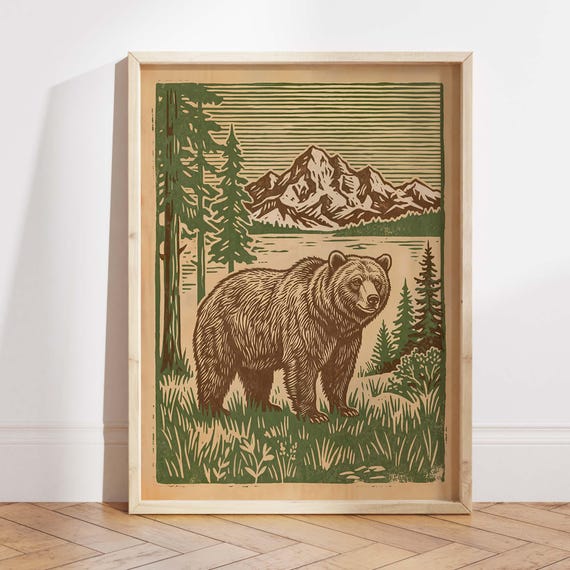 Vintage Bear Wildlife Print Rustic Mountain Cabin Decor Forest Nature Artwork