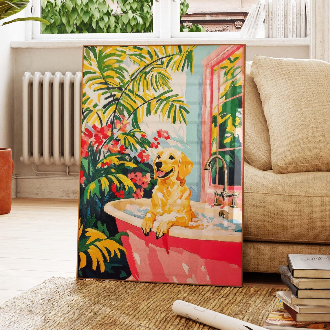 Happy Labrador In Pink Tropical Bathtub With Palm Leaves Poster