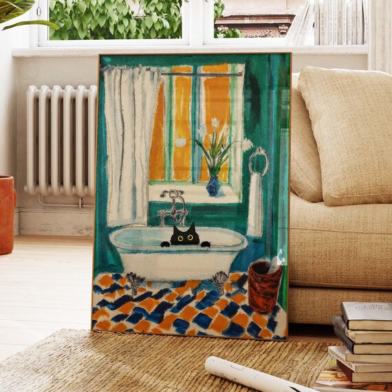 Black Cat Peekaboo In Bathtub Matisse Inspired Green Bathroom Art Poster