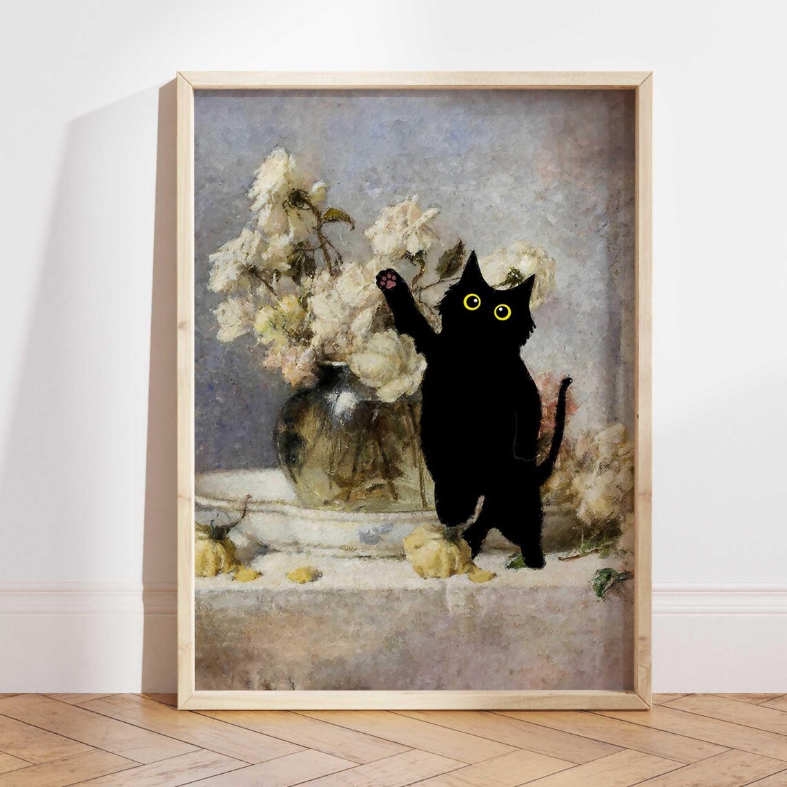 Black Cat And Roses, Botanical Lover Gift