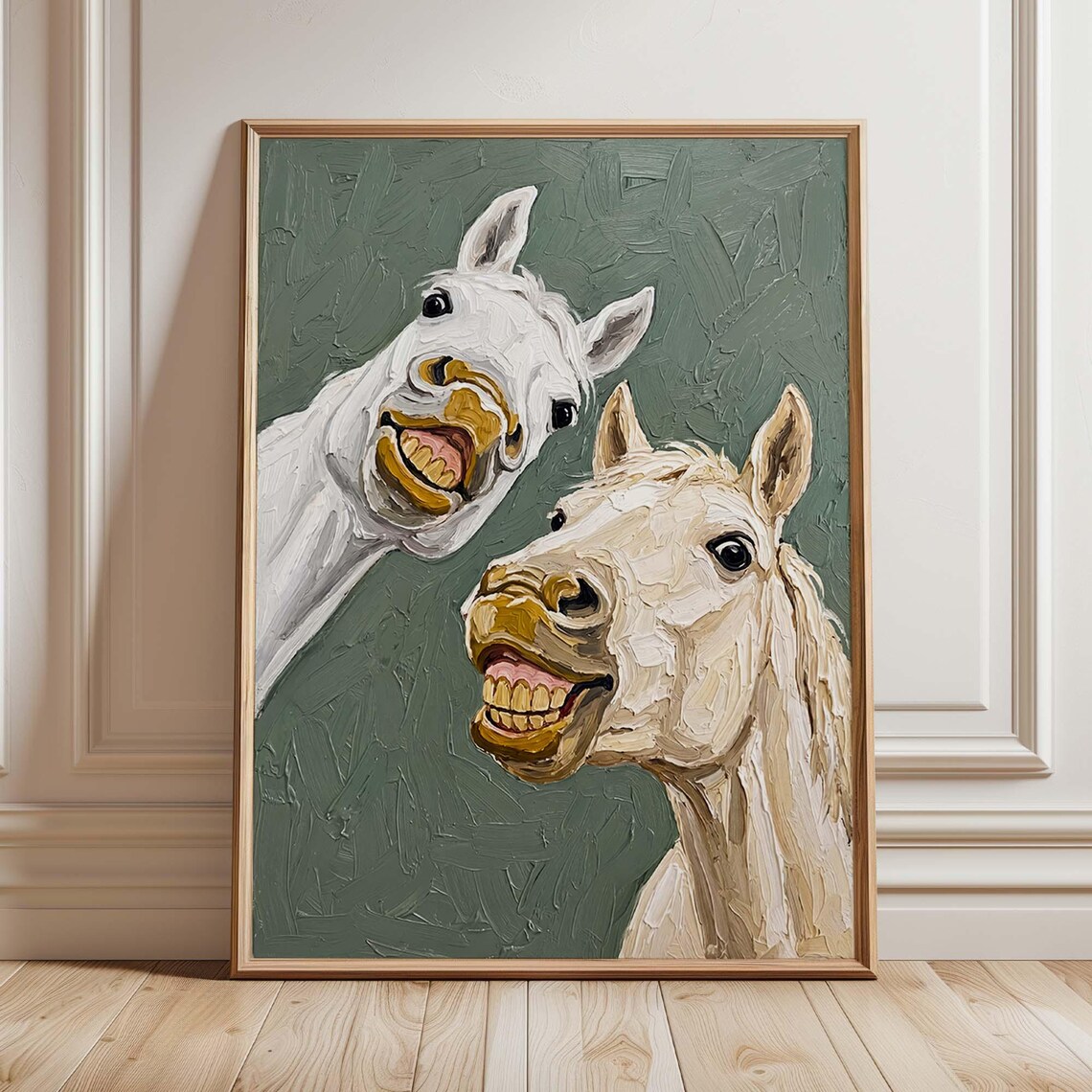 Two Happy Smiling White Horses Funny Farmhouse Country Poster