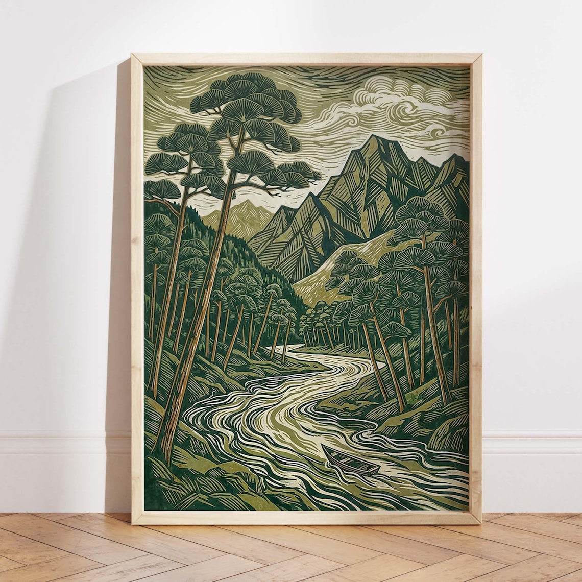 Forest River, Japanese Woodblock Style Landscape
