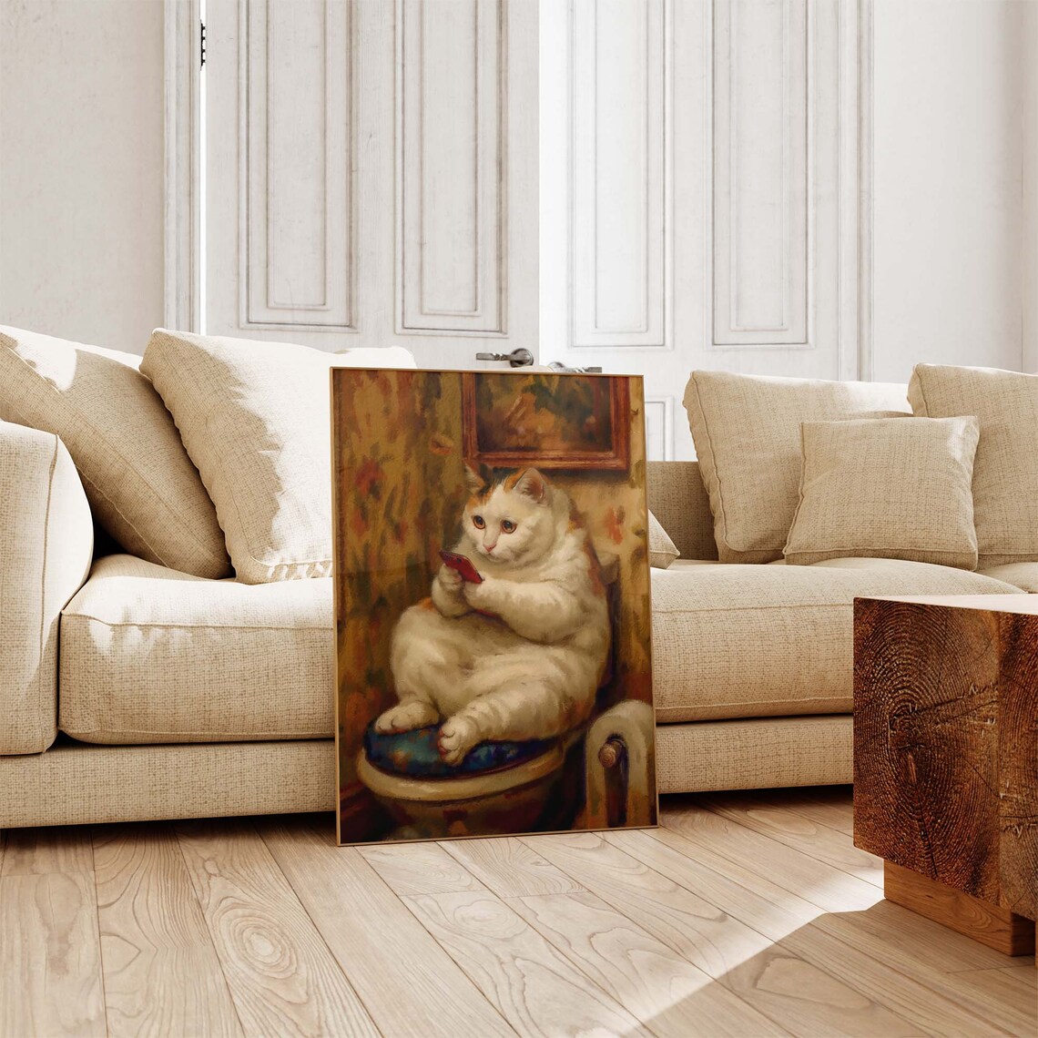 Chubby Cat Sitting On Toilet Scrolling Smartphone Funny Bathroom Poster - Image 4