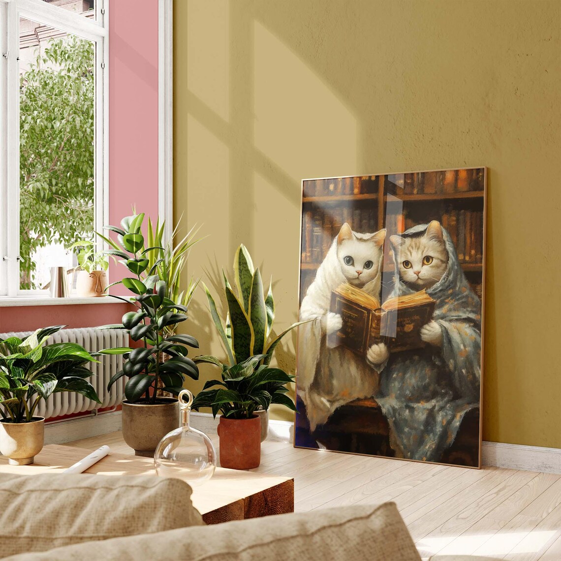 Two Cozy Cats Reading A Book Together In Blankets In Old Library Poster - Image 4
