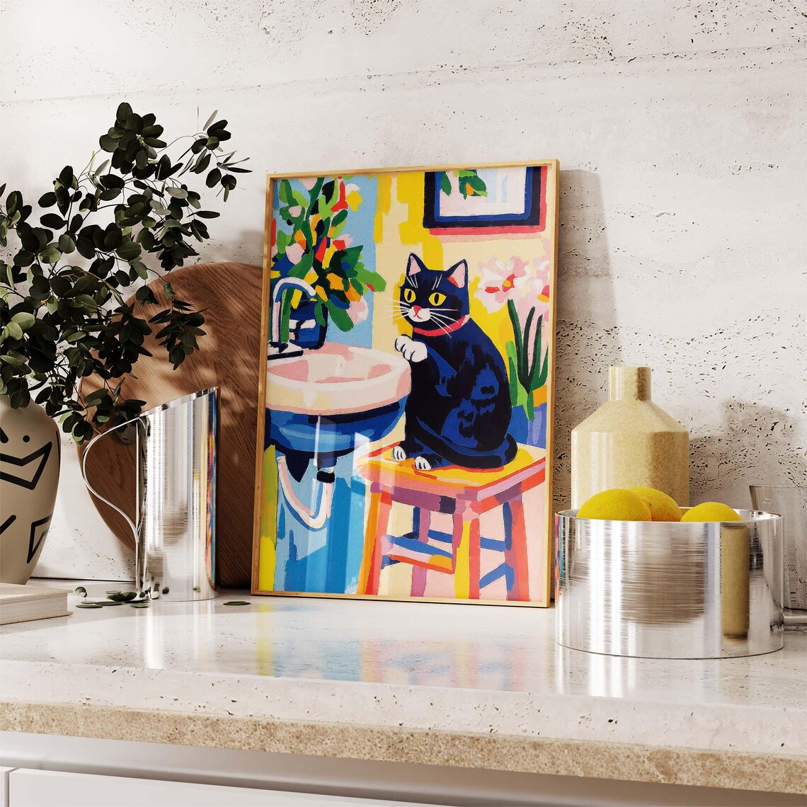Black Cat Washing Paws At A Pink Bathroom Sink Colorful Modern Art Poster - Image 2