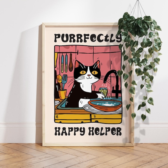 Purrfectly Happy Helper Cat Washing Dishes Retro Kitchen Poster