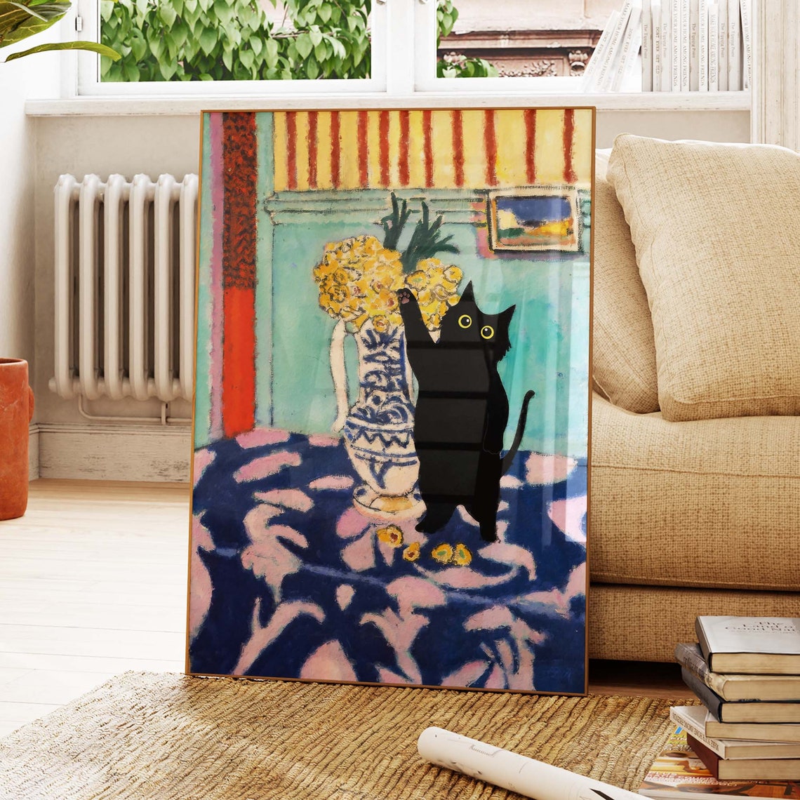 Black Cat Silhouette with Flower Vase in Matisse Style Room Poster
