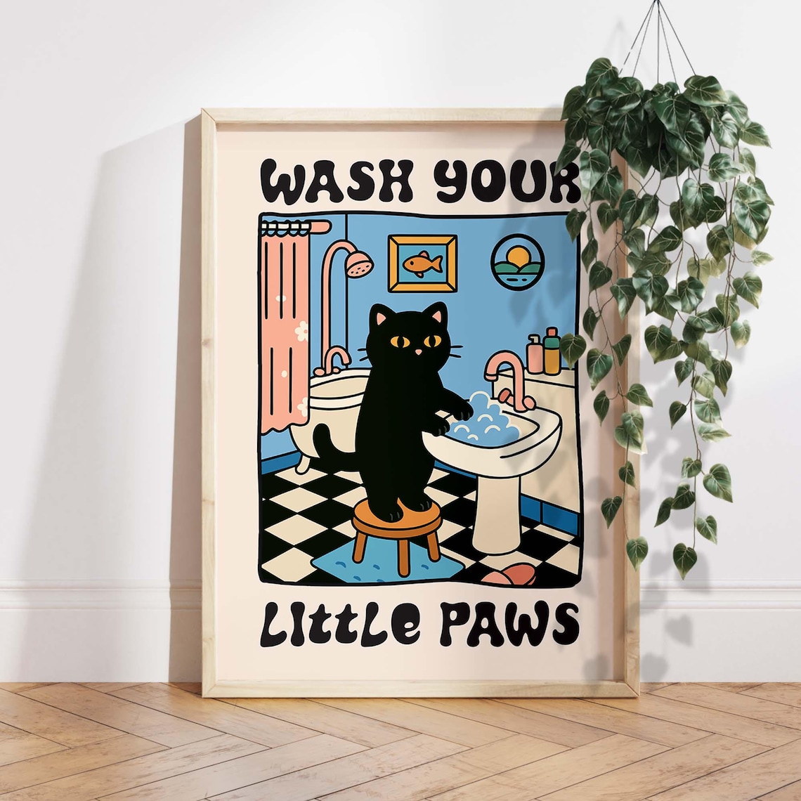 Wash Your Paws Cat Print, Funny Bathroom Wall Art