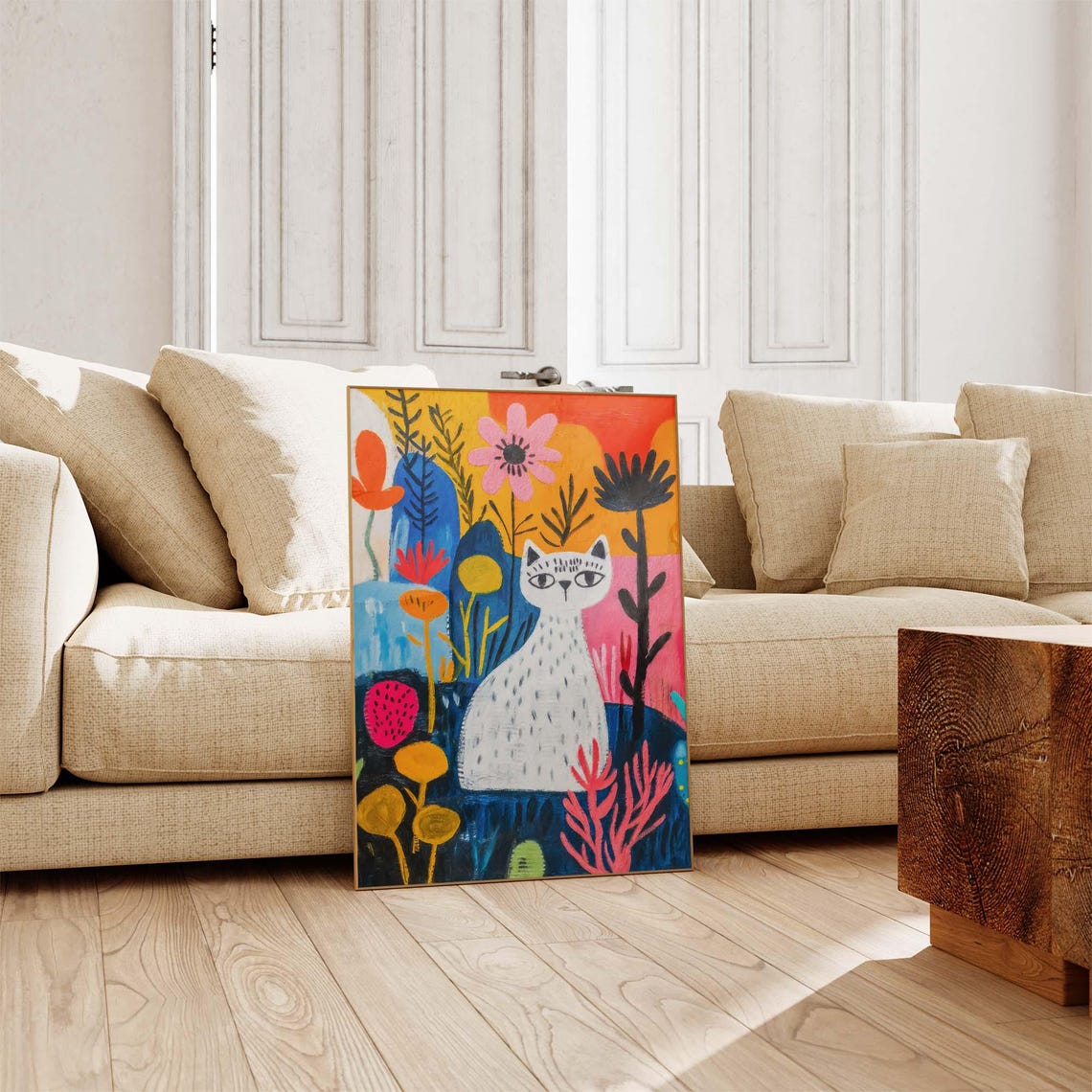White Cat in Matisse Style Flower Garden Whimsical Art Poster - Image 4