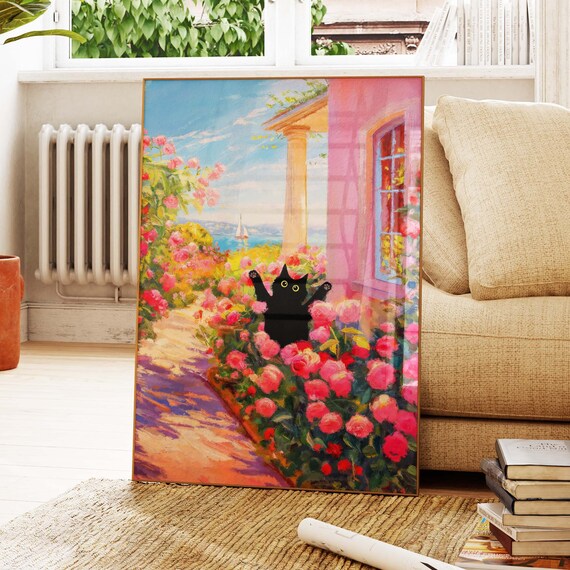 Black Cat Among Pink Roses On Seaside Terrace With Ocean View Poster