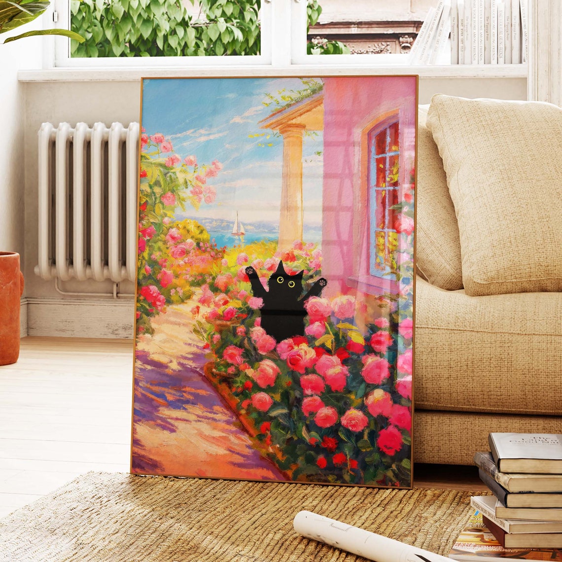 Black Cat Among Pink Roses On Seaside Terrace With Ocean View Poster