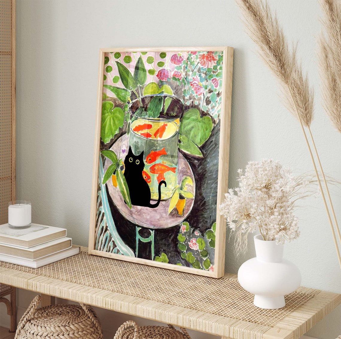 Black Cat Beside A Goldfish Bowl In A Lush Floral Garden Poster - Image 2
