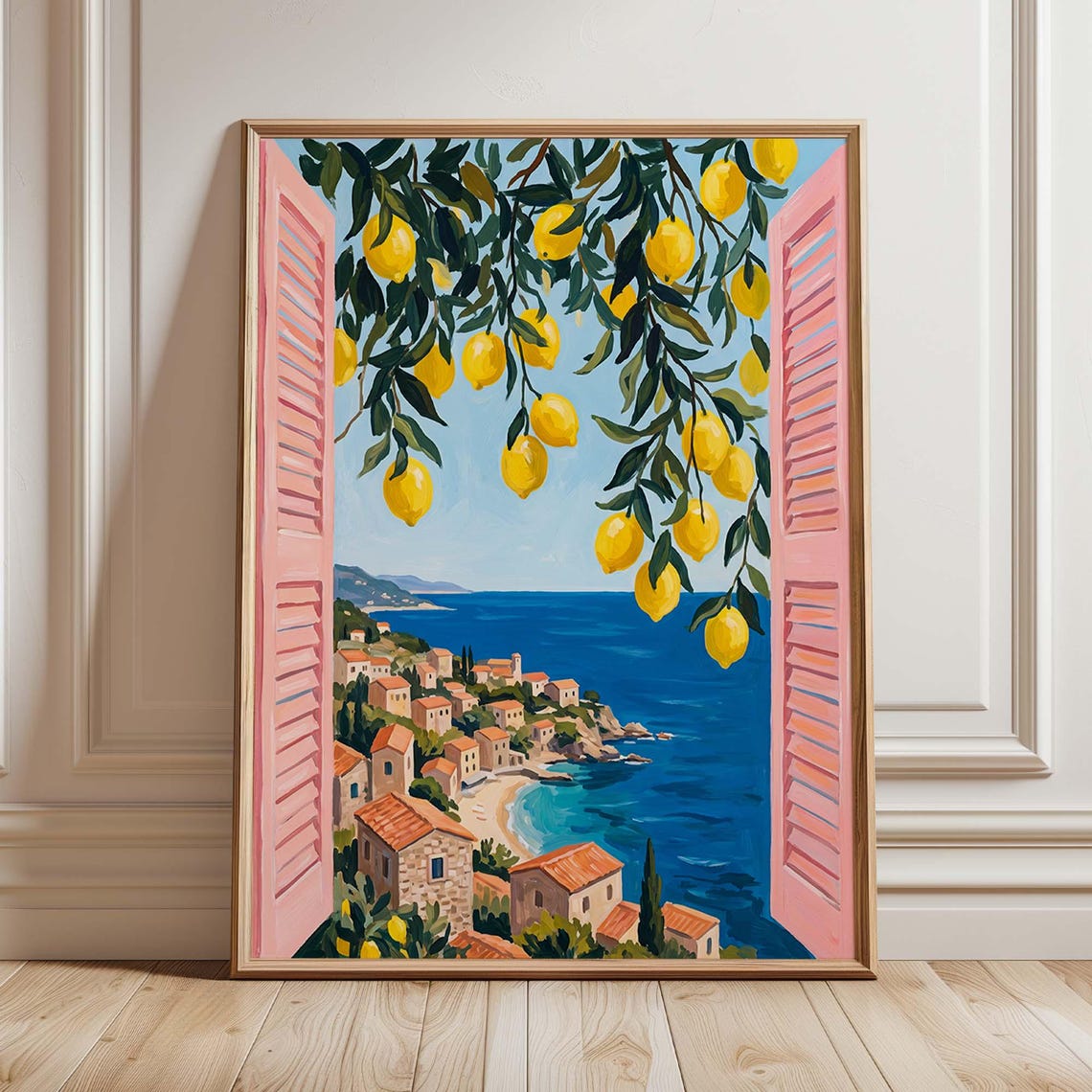 Lemon Branches Over a Coastal Town Through Pink Shutters Window Poster