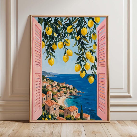 Lemon Coast Window Print Dolce Vita Pink Shutter Sea View Poster Amalfi Style Kitchen Wall Art Summer Travel Decor