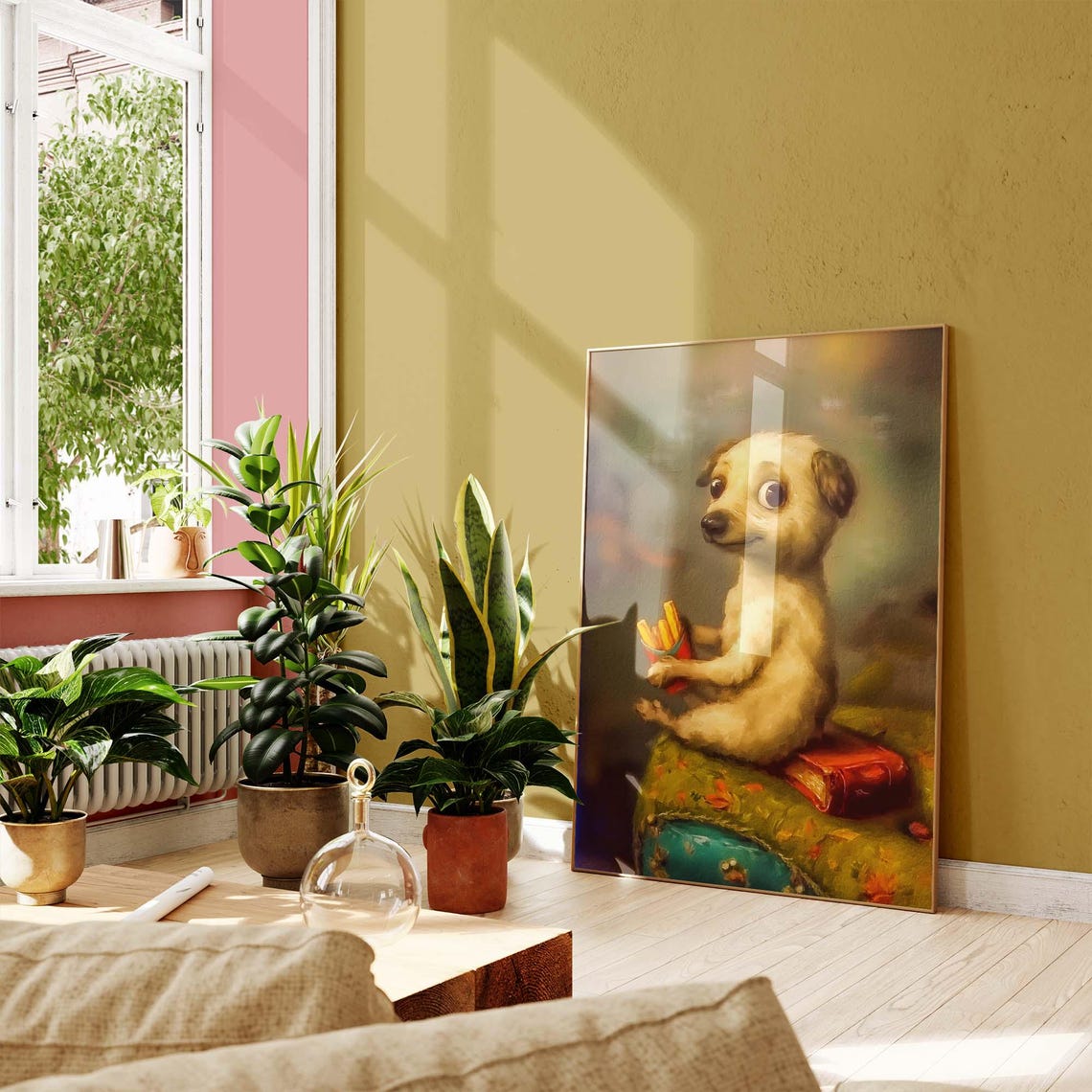 White Puppy With French Fries Perched On Stacked Books Poster - Image 3