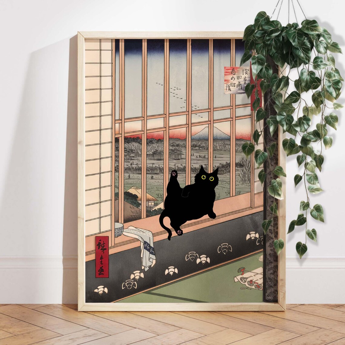 Japanese Cat Art Print, Vintage Mount Fuji View