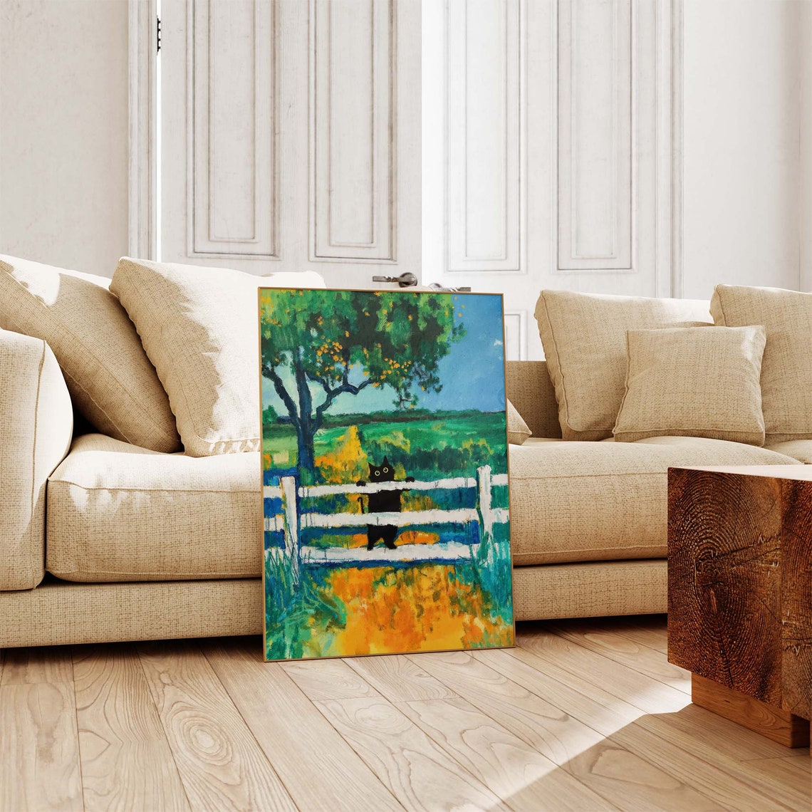 Black Cat Climbing A White Fence In A Countryside Garden Poster - Image 3