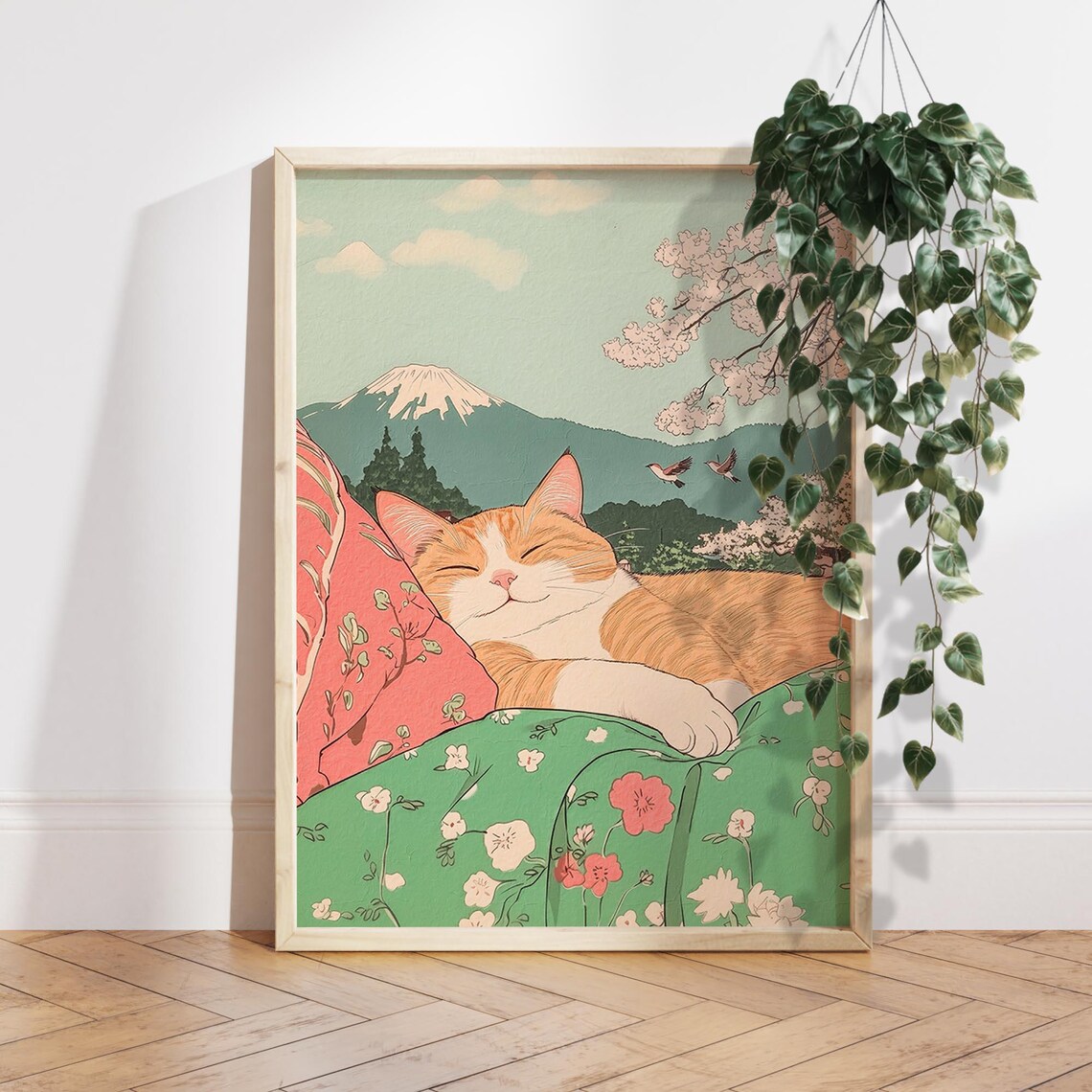 Sleeping Ginger Tabby Cat and Mount Fuji Poster