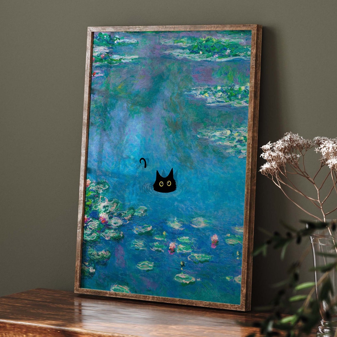 Black Cat Swimming In Monet Water Lily Pond With Blooms Poster - Image 2