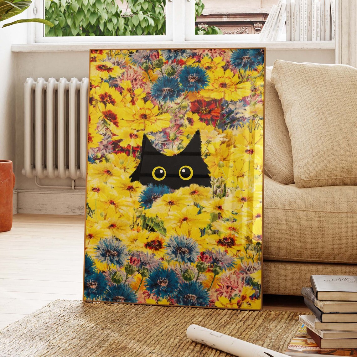 Black Cat Hiding Among Yellow And Blue Wildflowers Botanical Art Poster