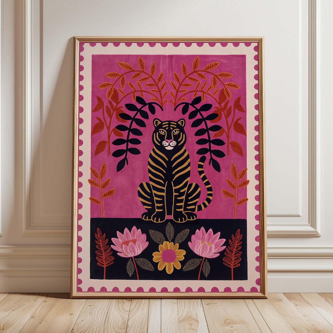 Pink Folk Art Tiger Art Print, Maximalist Jungle Decor