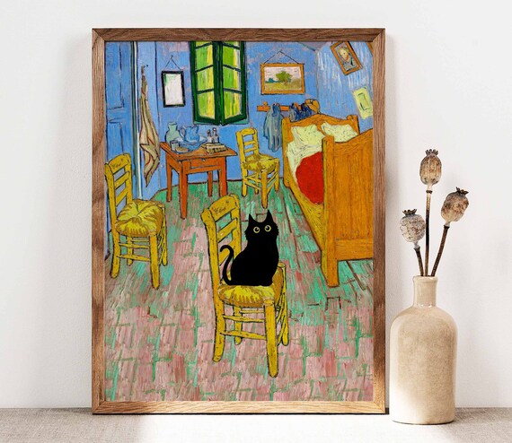 Van Gogh Bedroom Black Cat Sitting On Chair Funny Animal Poster