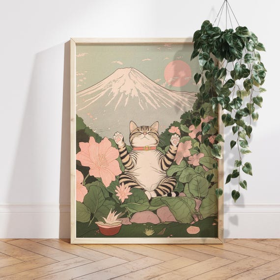 Tabby Cat Doing Yoga In Japanese Gargen Print Mount Fuji Poster Spiritual Wall Art Neutral Unique Lover Gift Ps0740