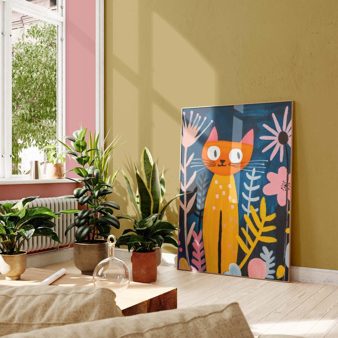 Orange Cat With White Spots Among Pink Flowers On Dark Blue Folk Poster - Image 3