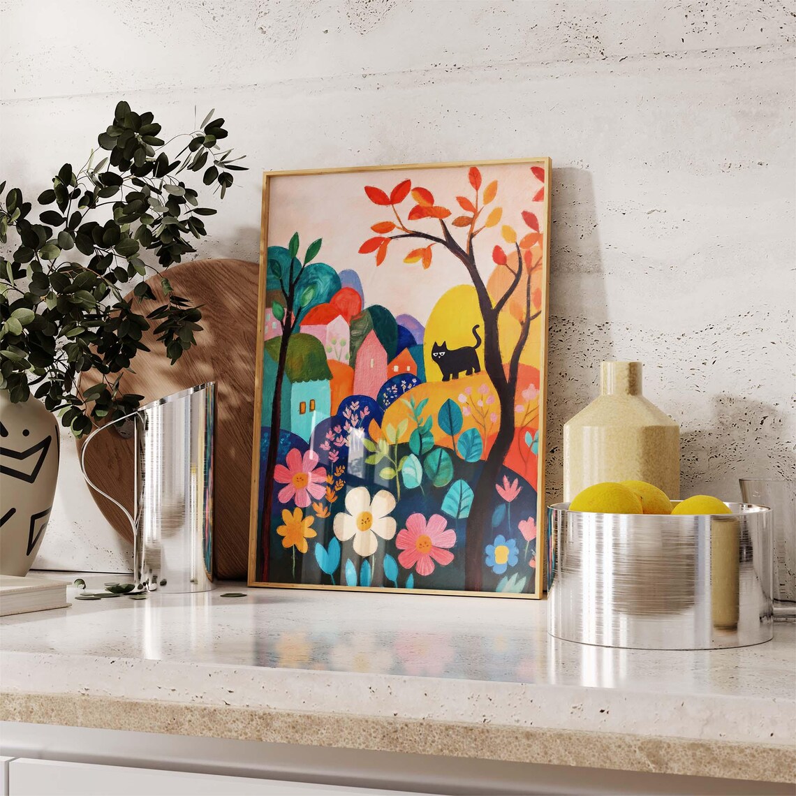 Black Cat In Matisse Inspired Autumn Village Garden Colorful Art Poster - Image 3