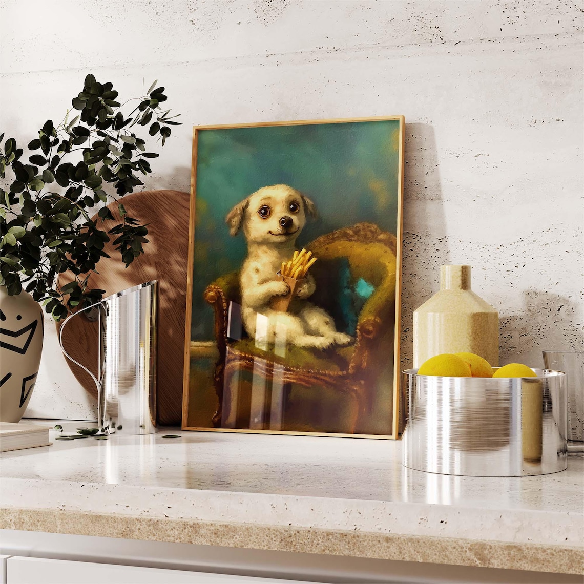 White Puppy Holding French Fries On A Vintage Chair Art Poster - Image 2