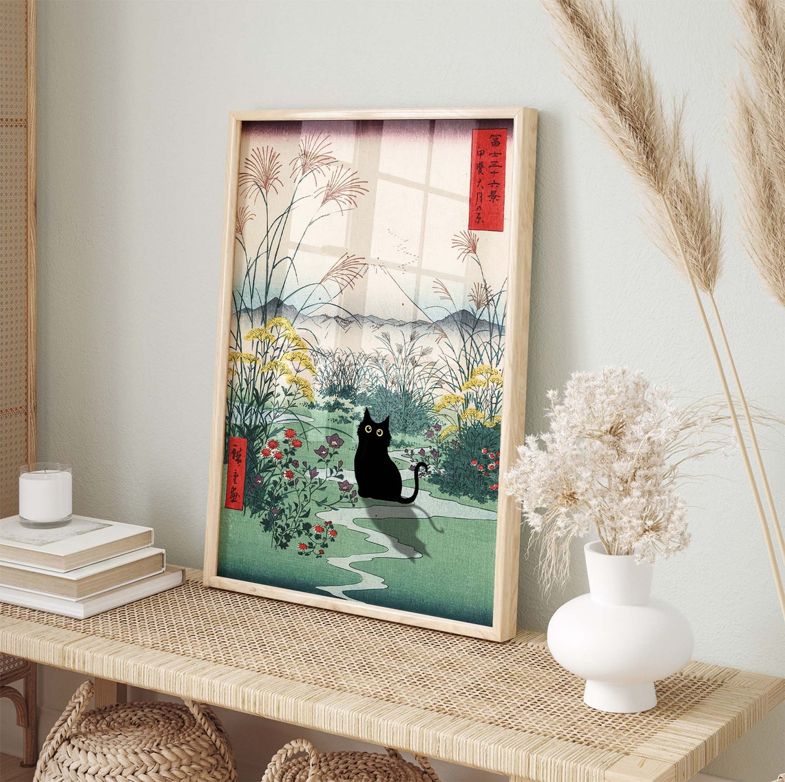 Black Cat On Mountain Path With Mount Fuji Japanese Woodblock Poster - Image 2