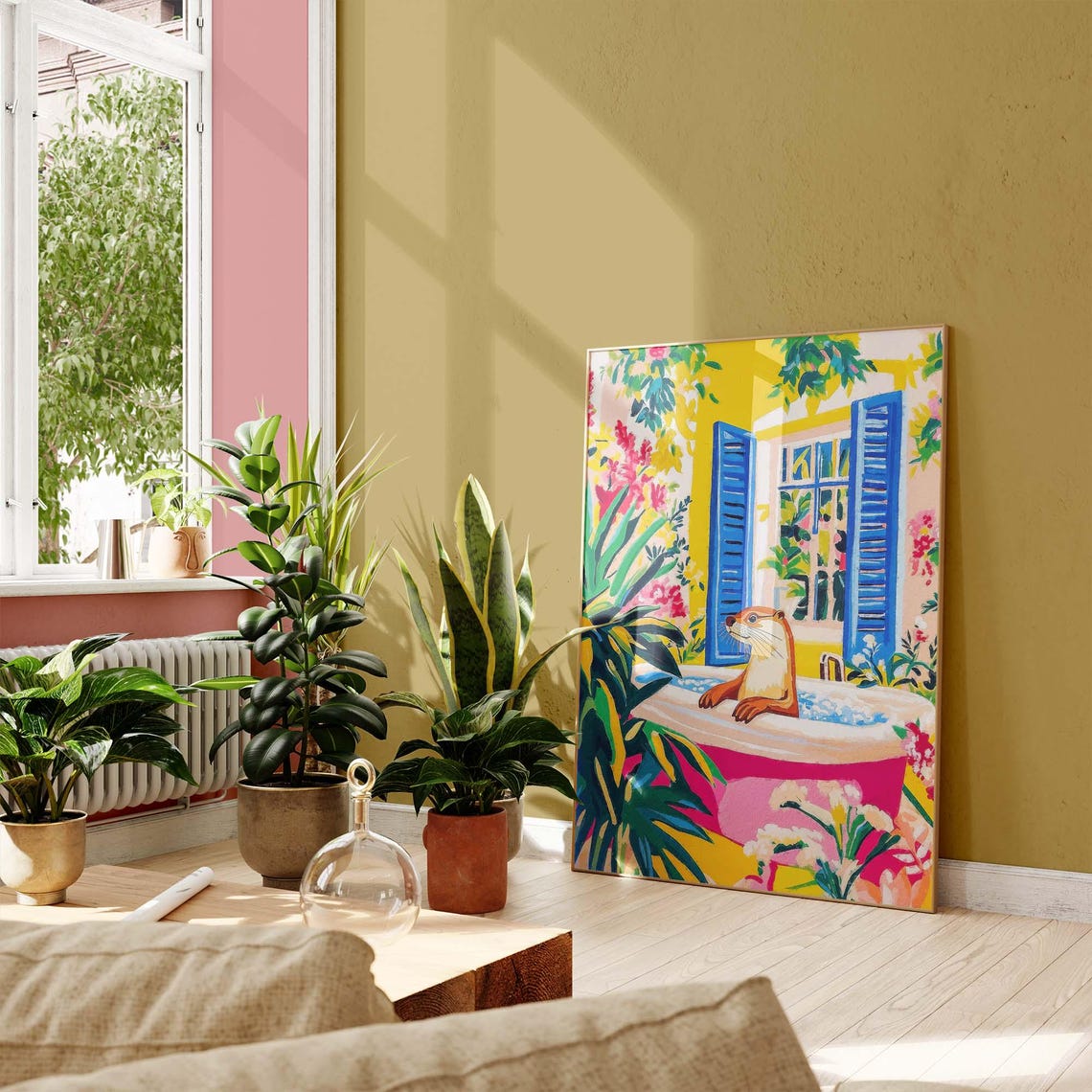Otter Soaking In Pink Bathtub In Tropical Yellow Bathroom Funny Poster - Image 2