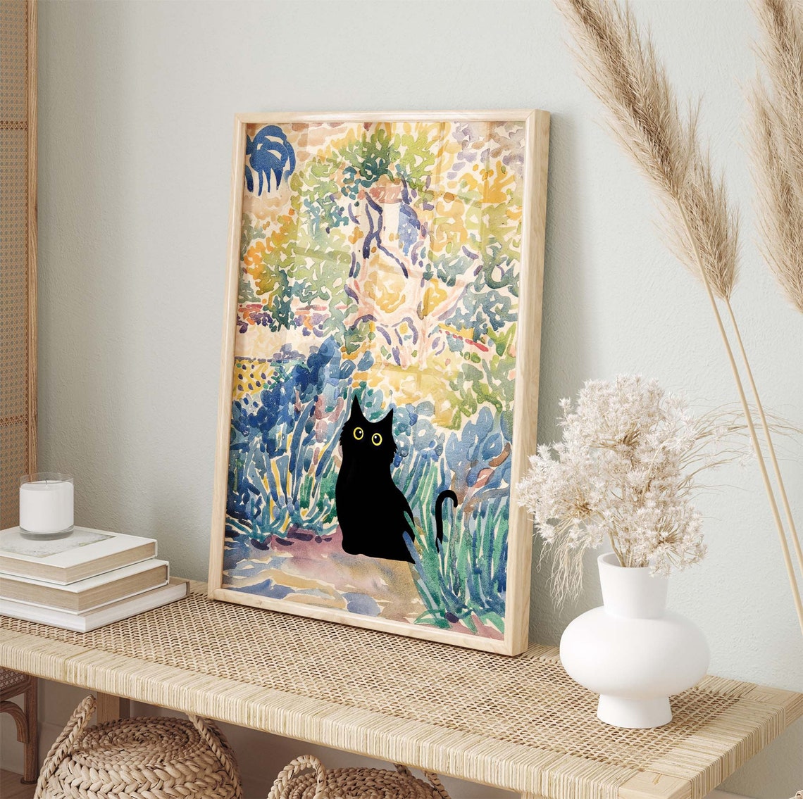 Black Cat Silhouette in a Pointillist Impressionist Garden Poster - Image 4