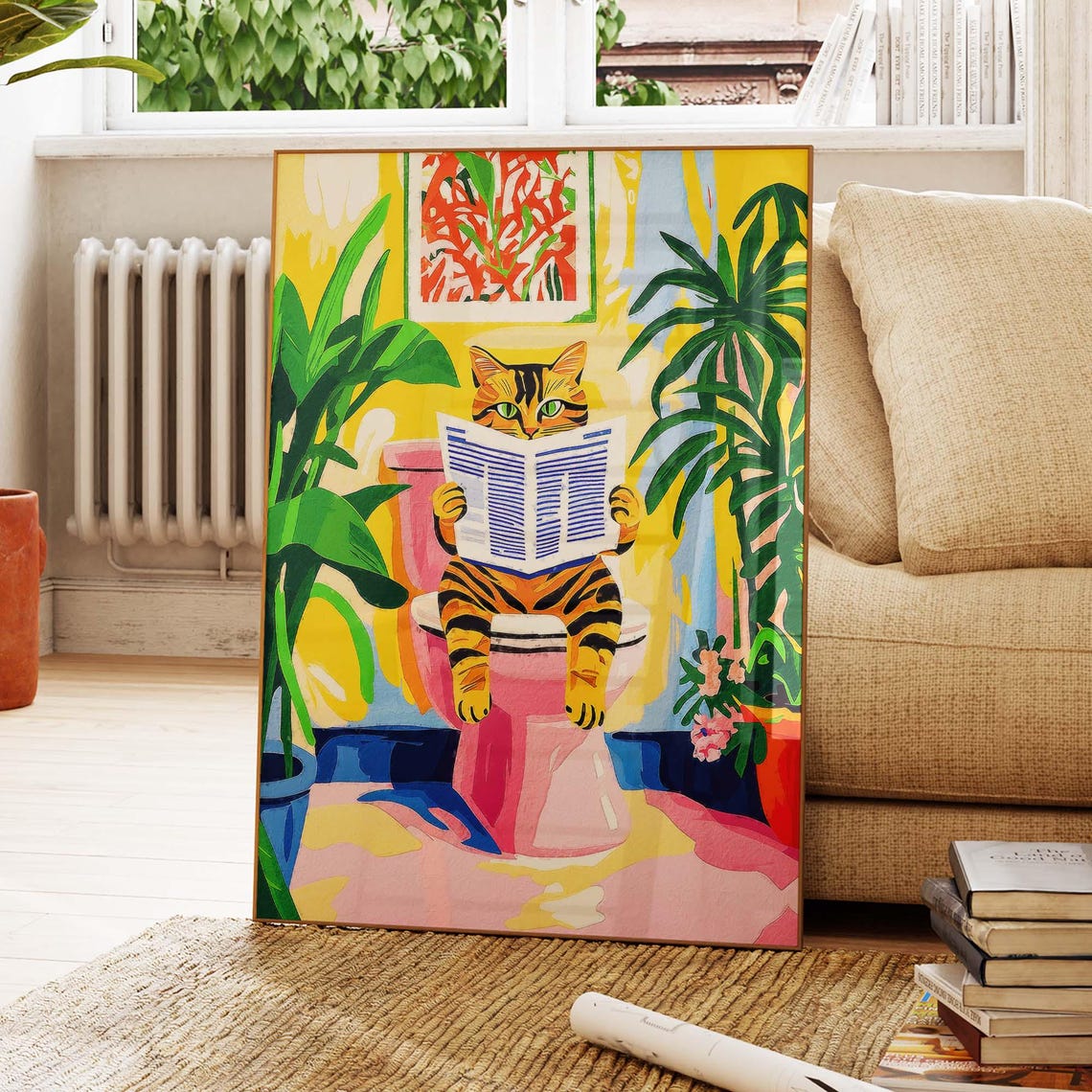 Tabby Cat Reading Newspaper on Pink Toilet Tropical Humor Poster
