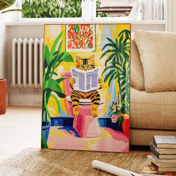 Tabby Cat Reading Newspaper on Pink Toilet Tropical Humor Poster