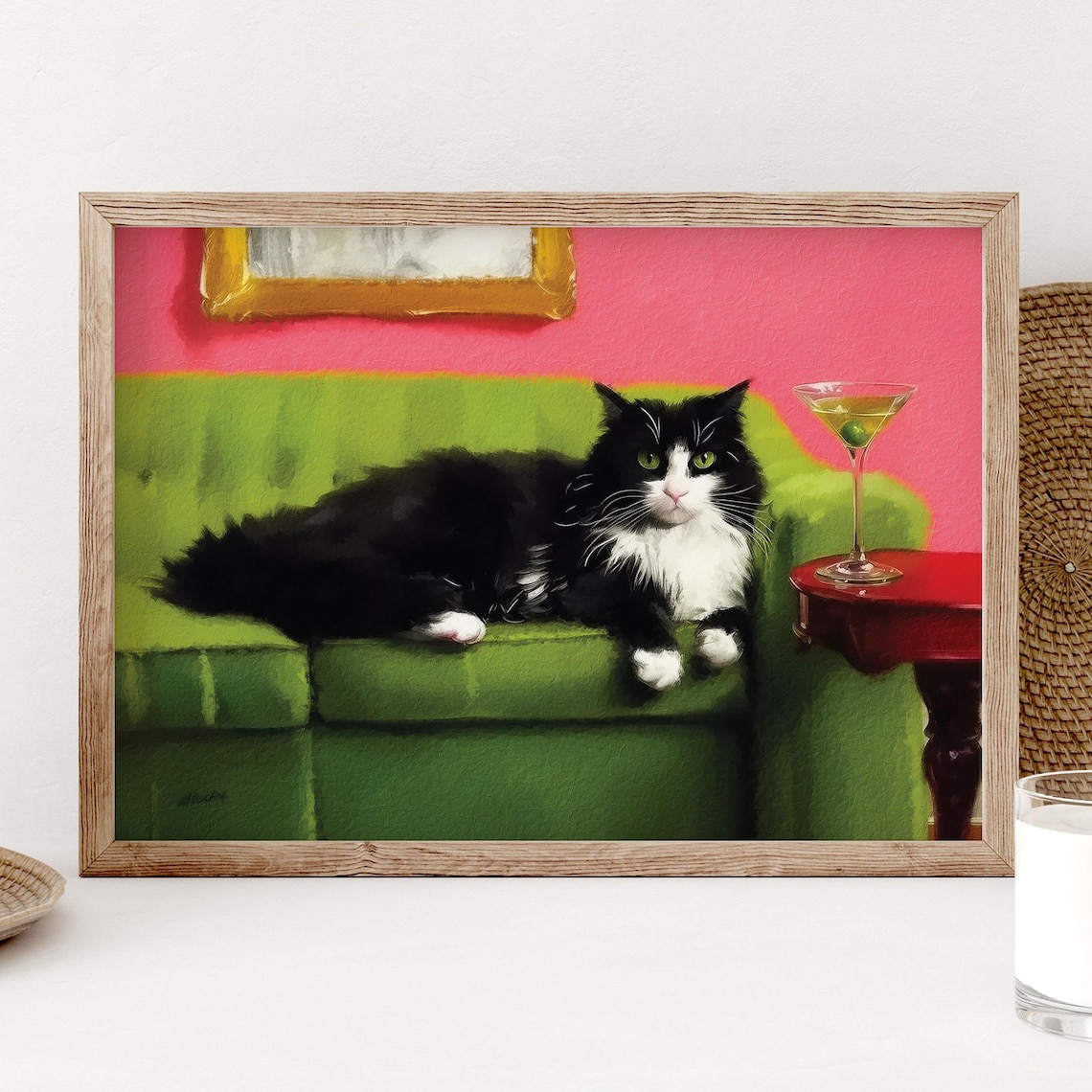 Tuxedo Cat With Martini Art Print, Quirky Gift